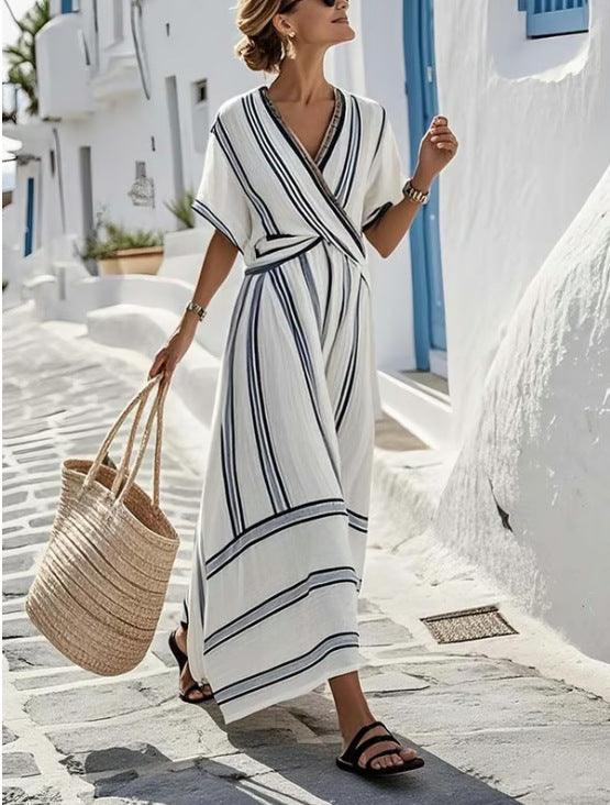 Damska Letnia Sukienka Maxi W Paski W Stylu Boho – Dekolt V