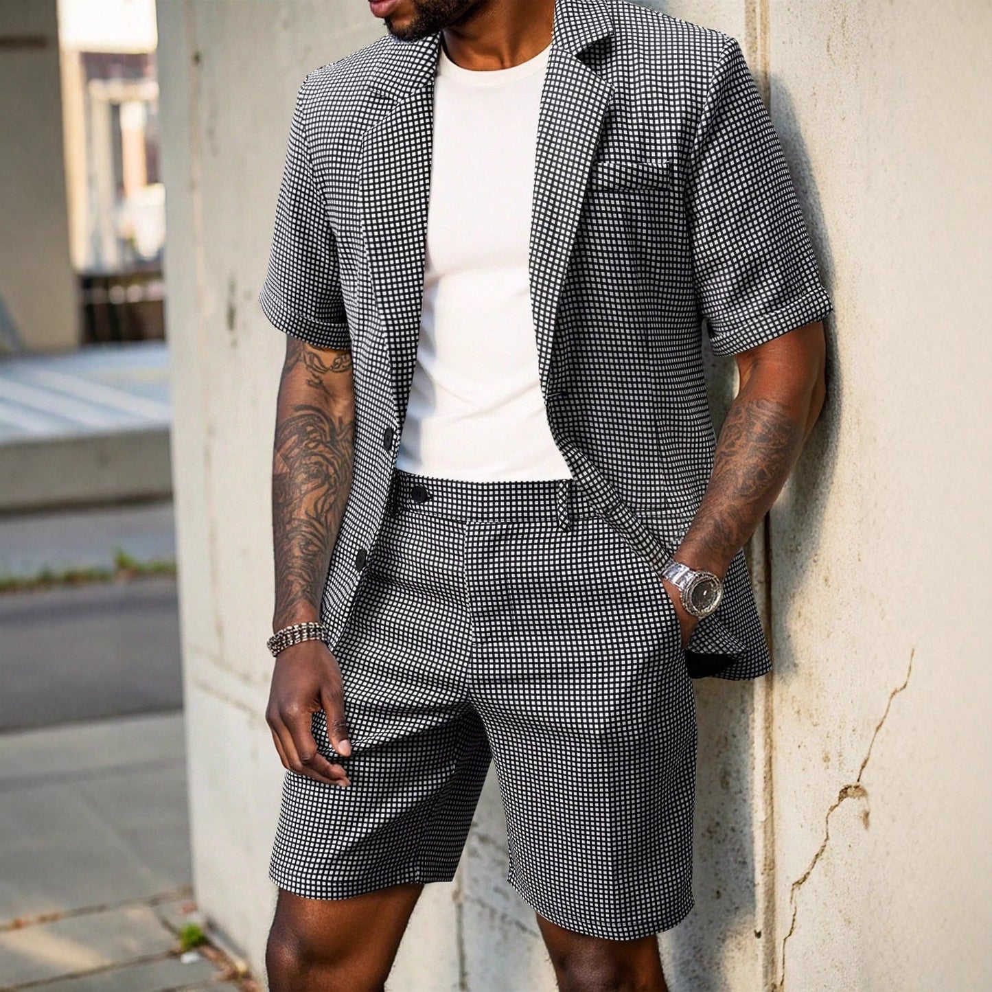 Męski Garnitur Dwuczęściowy W Kratę O Dopasowanym Kroju W Stylu Business Casual