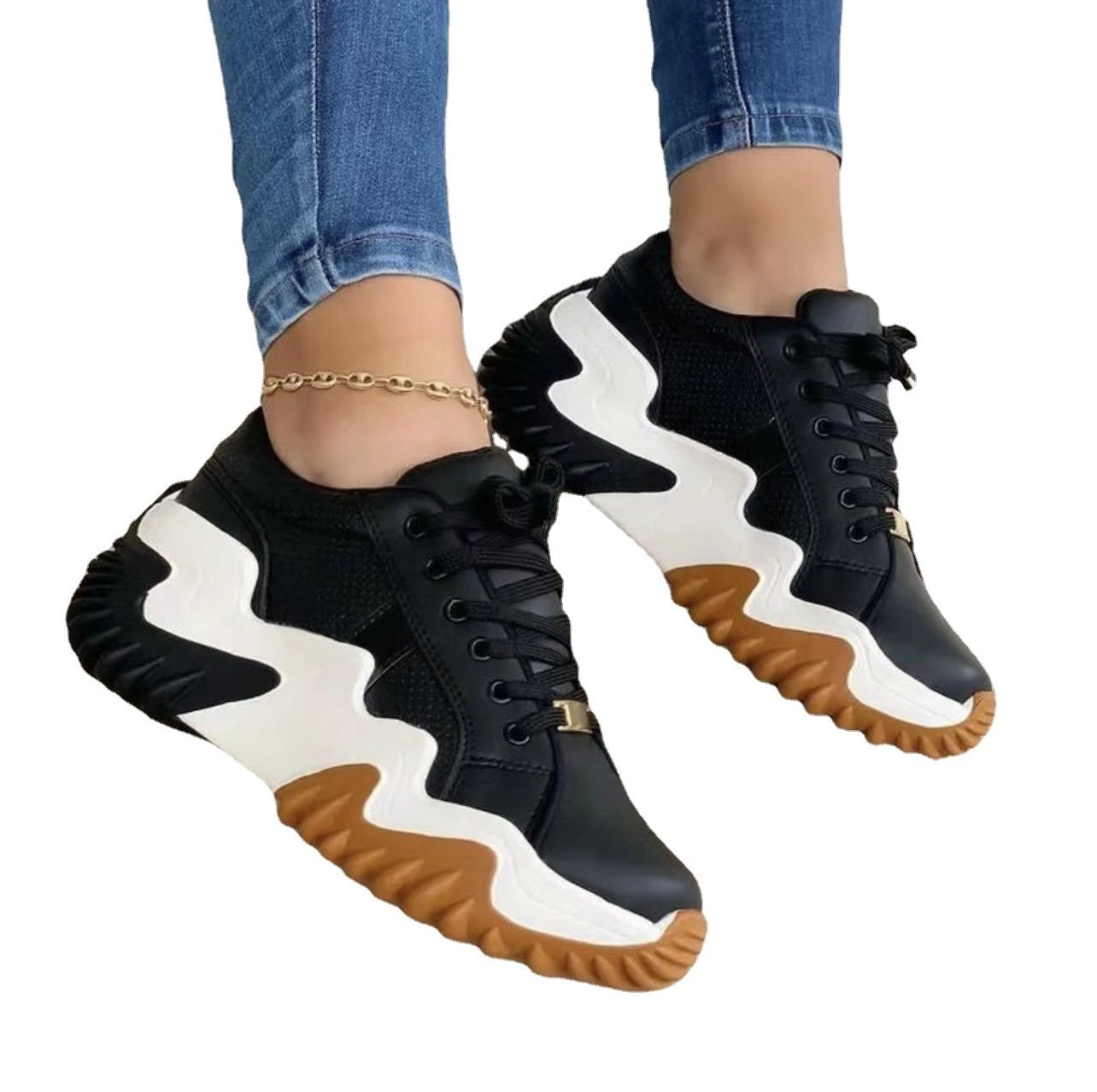 Damskie Sneakersy Sportowe Sznurowane z Okrągłym Noskiem i Średnim Obcasem