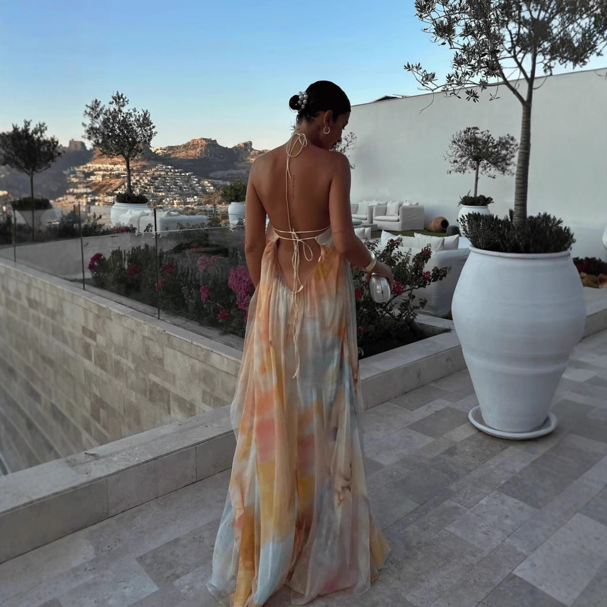 Damska Letnia Sukienka Maxi w Print – Halter, Odkryte Plecy, Luźny Fason