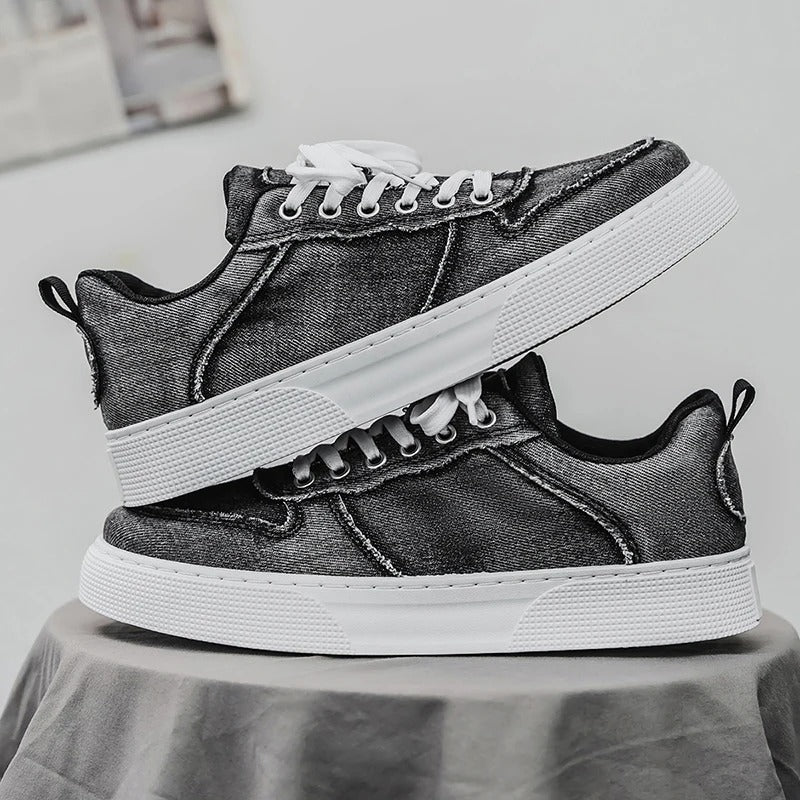 Męskie Sneakersy Niskie z Efektem Sprania i Sznurowaniem