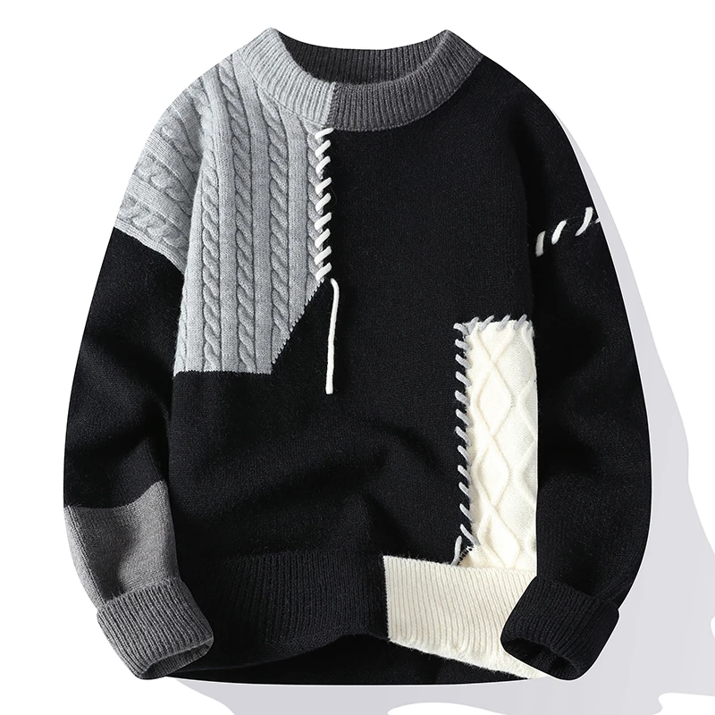 Męski Sweter Dzianinowy Z Panelami Kablowymi Patchwork I Akcentami Ściegu Whipstitch