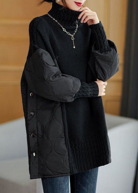 Damski Jesienny Sweter Dzianinowy z Golfem Patchwork Luźny Krój