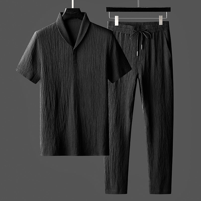 Męski Letni Komplet Loungewear – Top z Kołnierzem Szalowym i Spodnie