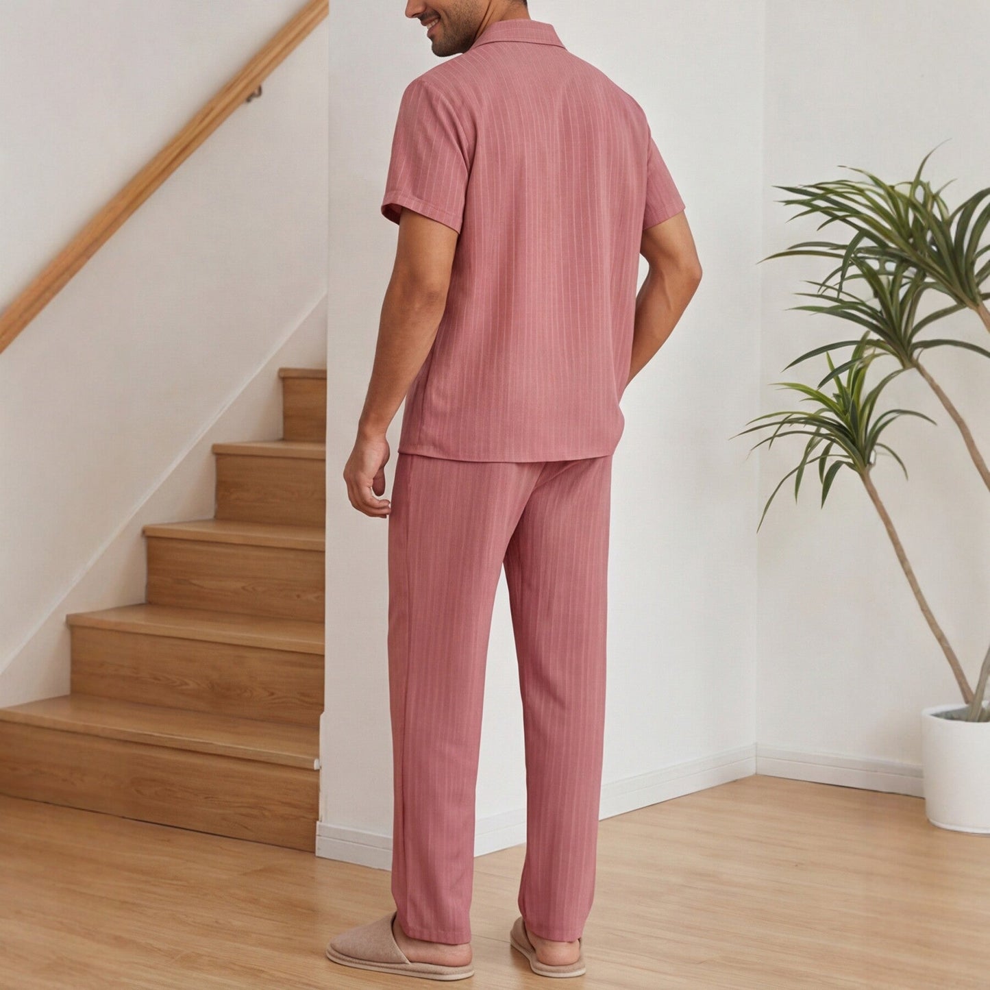 Męski Zestaw Loungewear W Paski Z Koszulą Na Krótki Rękaw I Długimi Spodniami