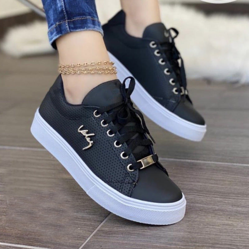 Damskie Płaskie Sneakersy Sznurowane z Oddychającą Cholewką, Okrągłym Noskiem i Podeszwą PU