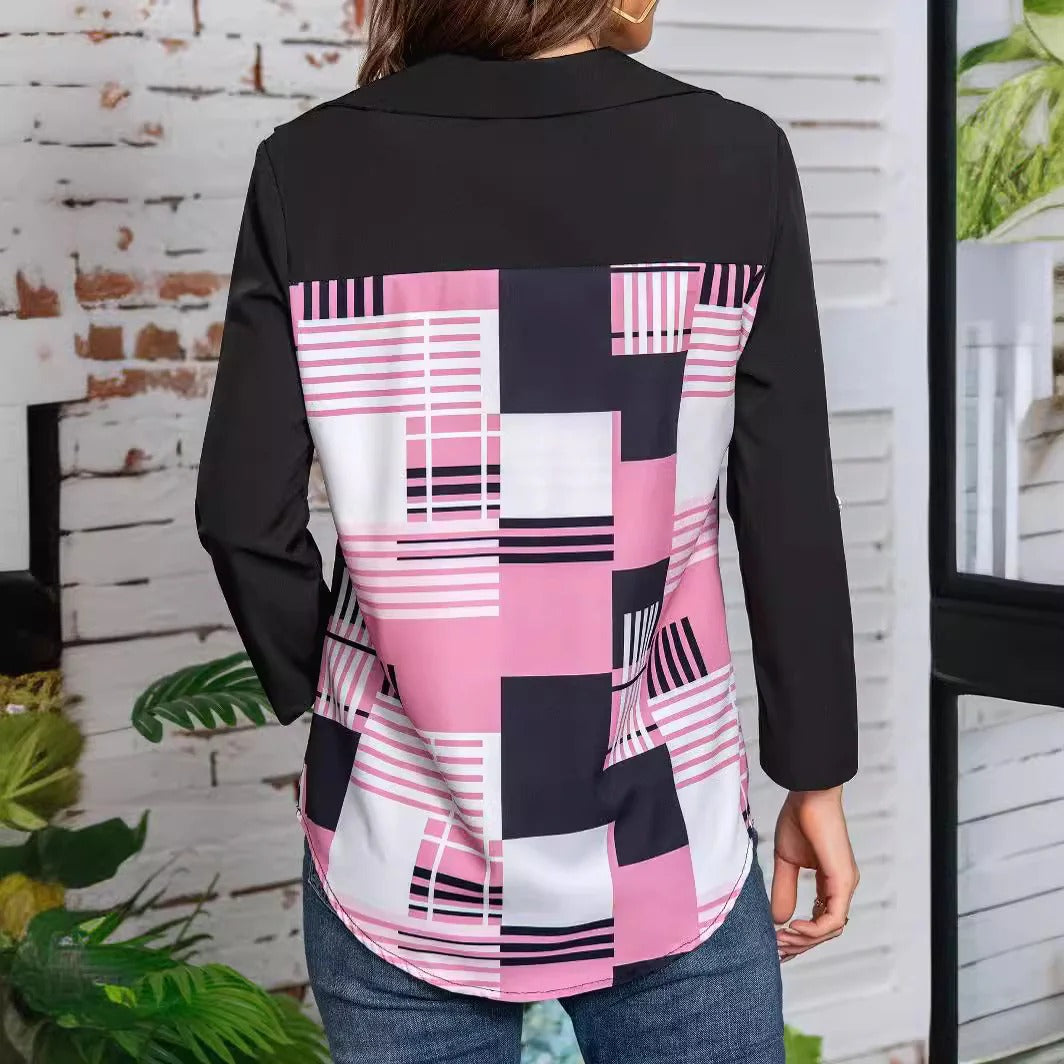 Damska Wiosenna Koszula Z Rękawem 3/4 Wzór Geometryczny Pullover Z Guzikami