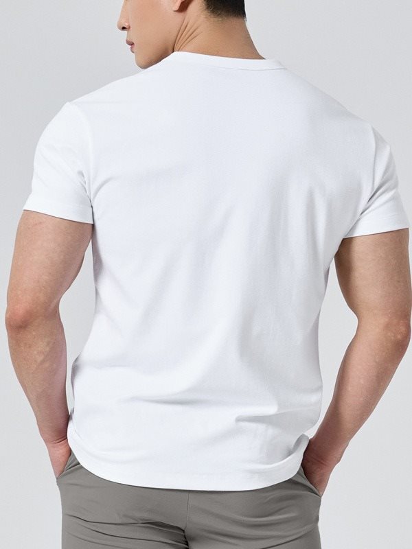 Męski T-Shirt z Krótkim Rękawem, Okrągły Dekolt, Jednolity Kolor, Krój Sportowy