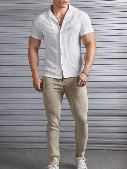 Meska Koszula Z Krotkim Rekawem, Slim Fit, Tekstura Waflowa, Lekka Konstrukcja