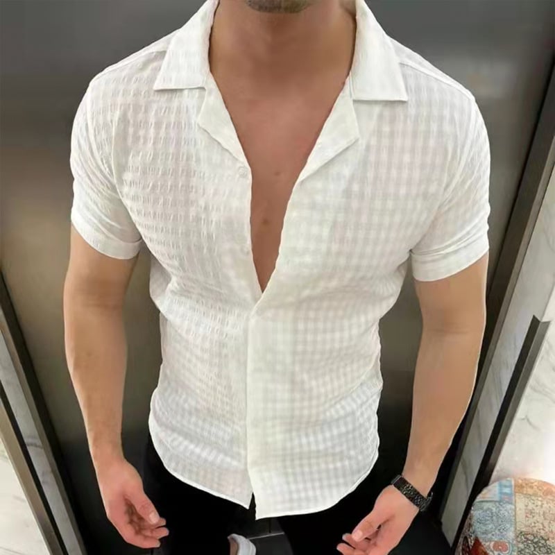 Męski Kardigan z Krótkim Rękawem Slim Fit – Kołnierz Klapowy, Zapinany na Guziki, Jednolite Kolory