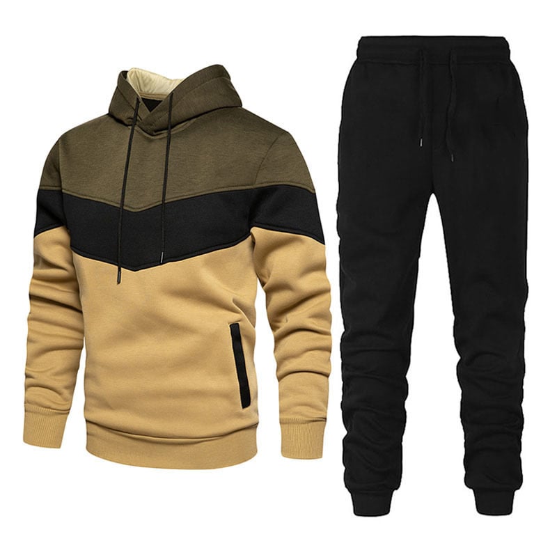 Meskie Wiosenny Komplet Sportowy Patchwork, Bluza Z Kapturem Z Dlugim Rekawem I Spodnie, Dwuczesiowy