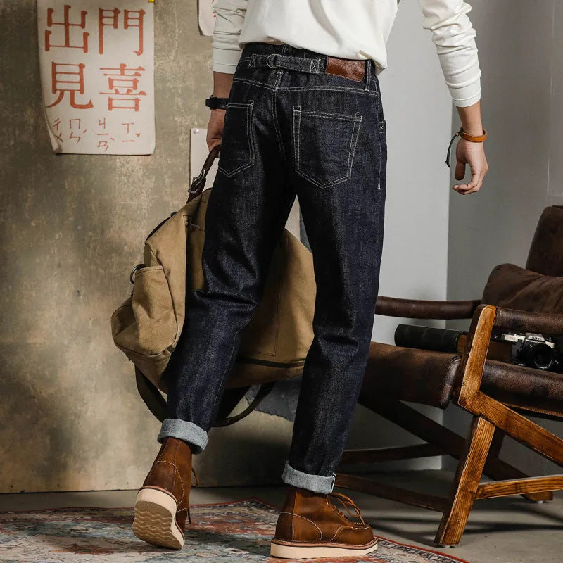 Meskie Dzinsy Straight Leg Z Mieszanki Denimu, Sredni Stan, Ciemny Odcien