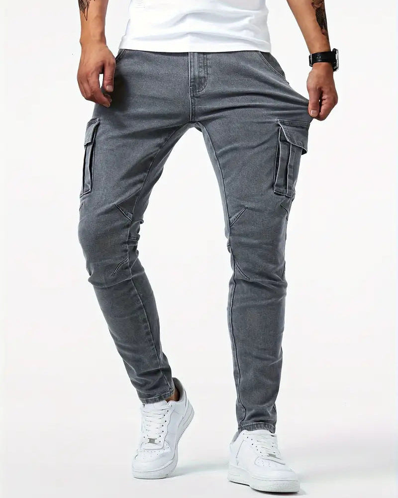 Męskie Spodnie Robocze – Slim Fit, Średni Stan, Wielokieszeniowe