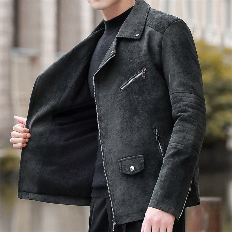 Płaszcz Męski Zimowy Faux Leather z Podszewką Velvet Style Kołnierz Garniturowy i Prostym Dołem