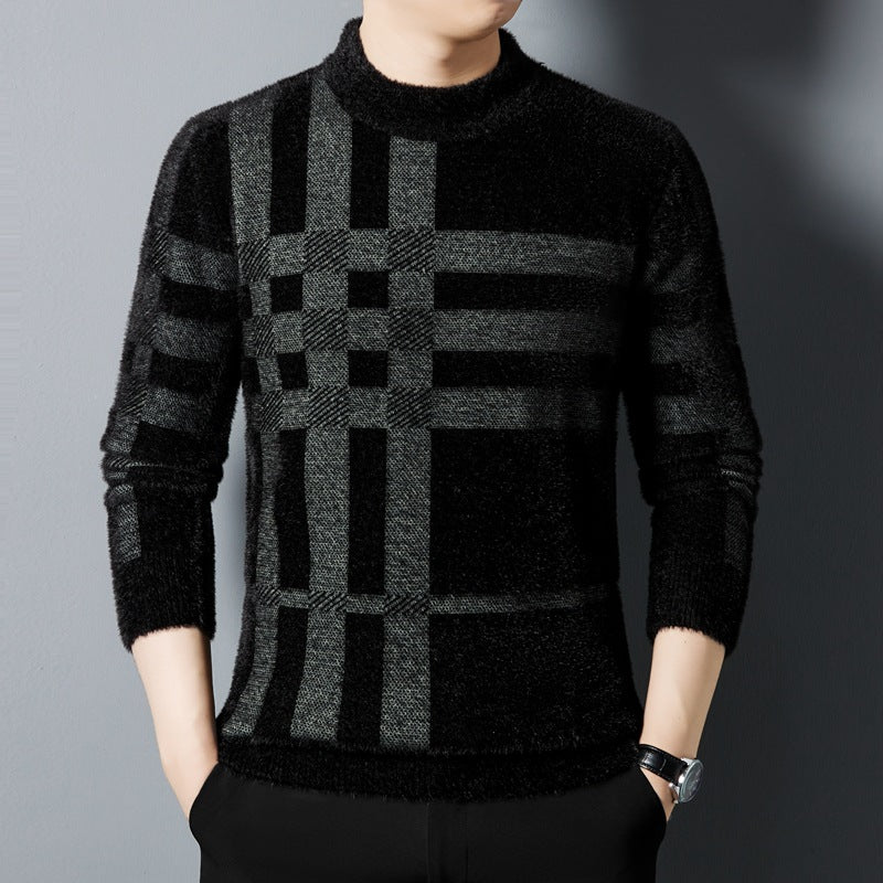Meska Zimowa Bluza Z Grubego Dzianinu W Paski, Slim Fit