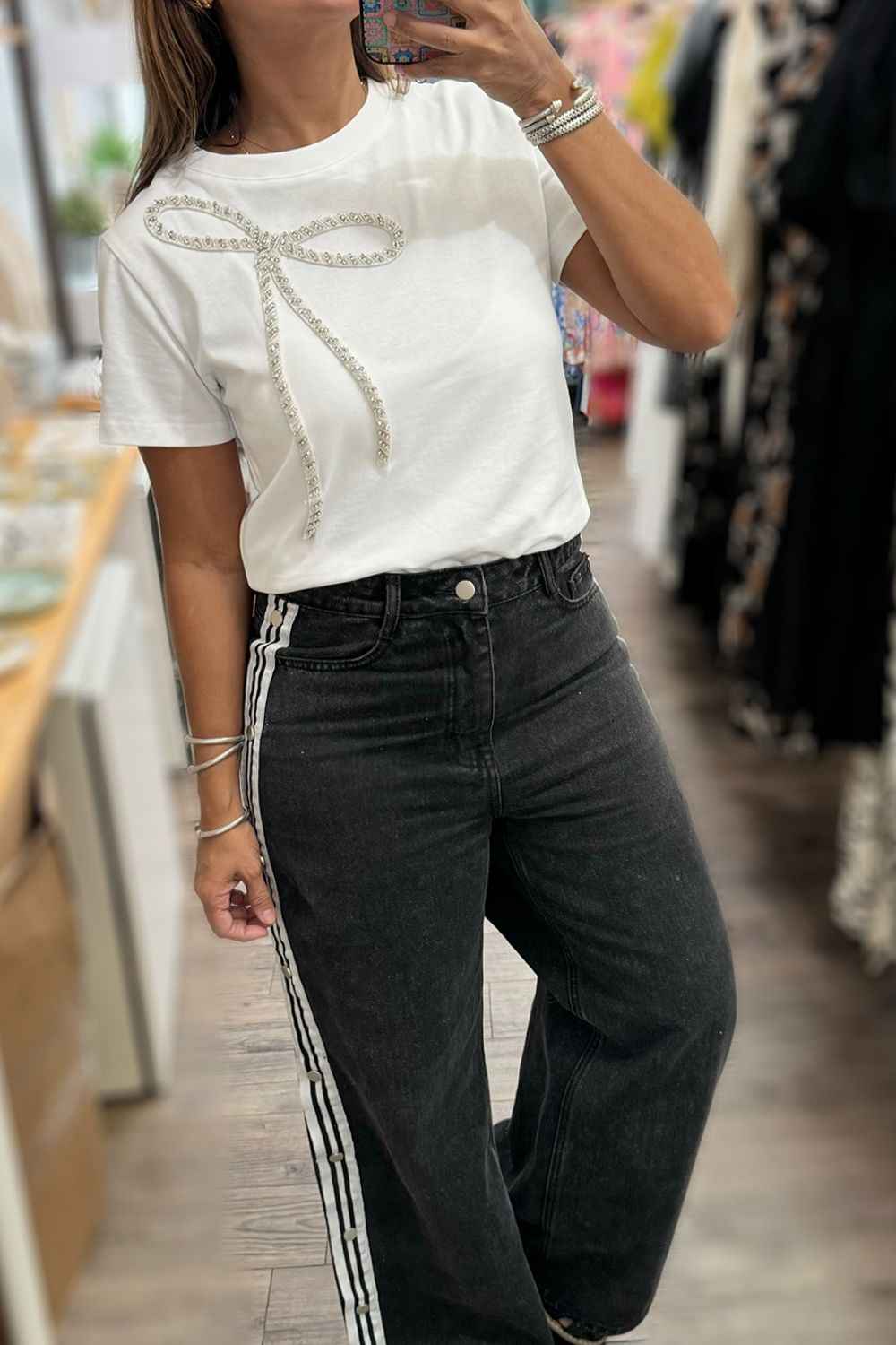 Damska Koszulka Z Krótkim Rękawem, Kokardą Z Cyrkonii