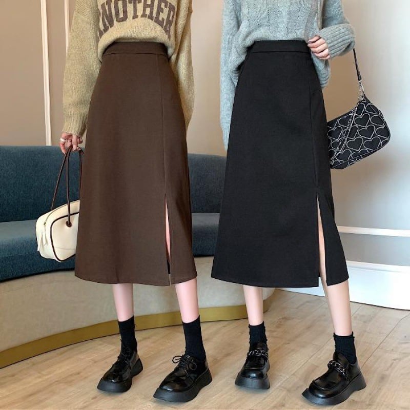 Damska Spódnica Plus Size Midi w Kroju A-Line z Wysokim Stanem i Rozcięciem