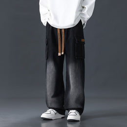 Meskie Jeansy Jesienne, Szerokie Nogawki, Prosty Kroj, Luzny Kroj, Gradientowe Sprane Jeansy, Sredni Stan, Mikroelastyczna Gumka