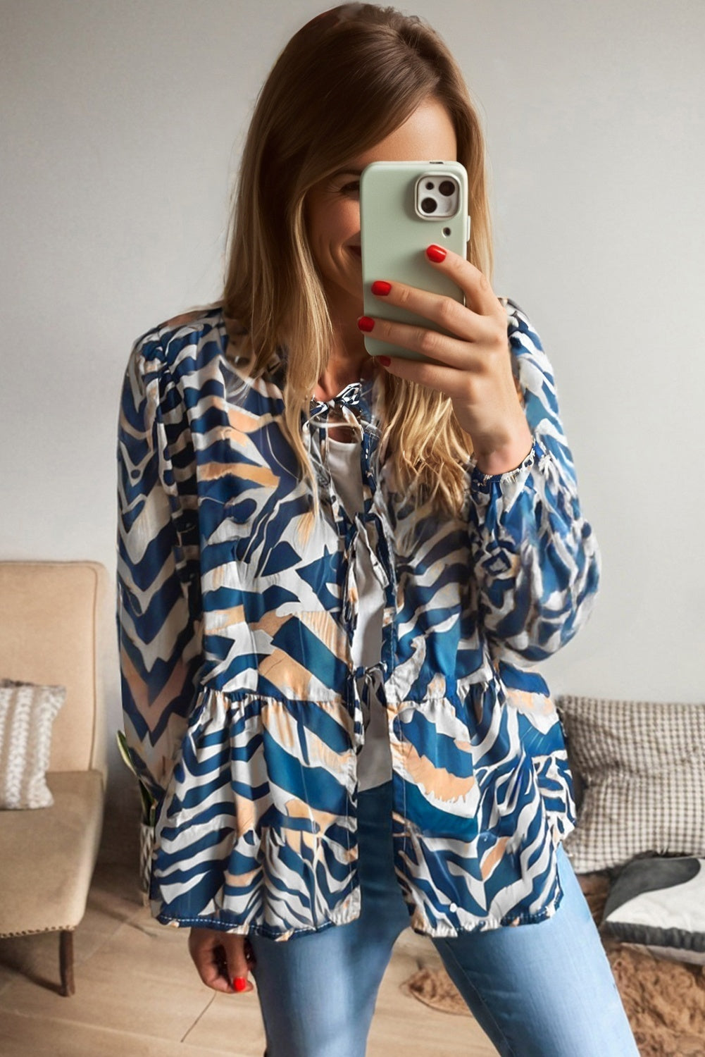 Damski Kardigan Z Bufiastymi Rekawami Z Wzorem Zebry W Niebieskim