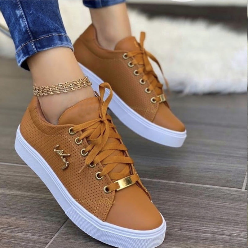 Damskie Płaskie Sneakersy Sznurowane z Oddychającą Cholewką, Okrągłym Noskiem i Podeszwą PU