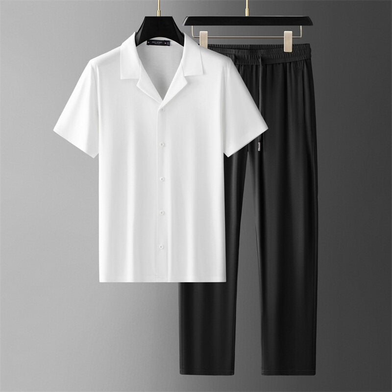 Męski Letni Dwuczęściowy Zestaw Ice Silk: Koszula Z Krótkim Rękawem I Spodnie