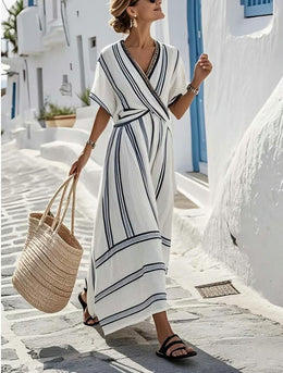 Damska Letnia Sukienka Maxi W Paski W Stylu Boho – Dekolt V