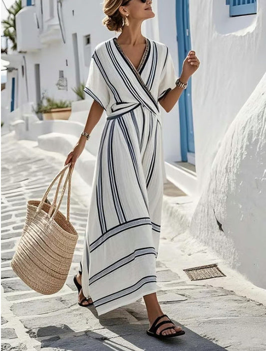 Damska Letnia Sukienka Maxi W Paski W Stylu Boho – Dekolt V