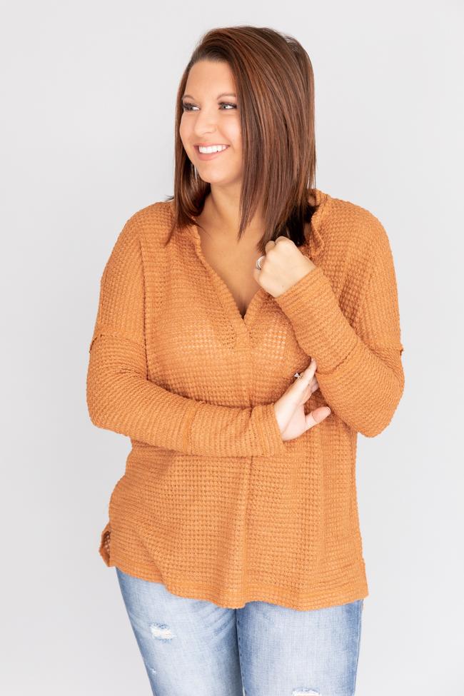 Damska Bluzka Zimowa Waffle Knit Długi Rękaw Kieszonka