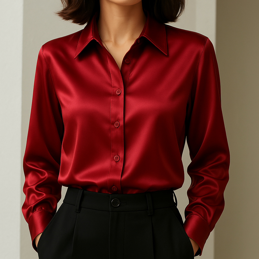 Damska Bluzka z Mieszanki Satynowej z Zapięciem na Guziki i Mankietami