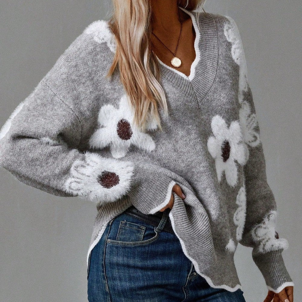 Damski Sweter Dzianinowy Z Kwiatowym Wzorem I Dekoltem W Serek