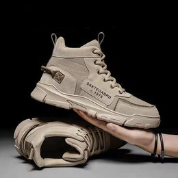 Męskie Buty Za Kostkę Sznurowane Typu Martin z Płócienną Cholewką i Koturnem