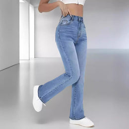 Damskie Wysokostanowe Proste Slim Fit Jeansy Elastyczne Z Mieszanki Dżinsu