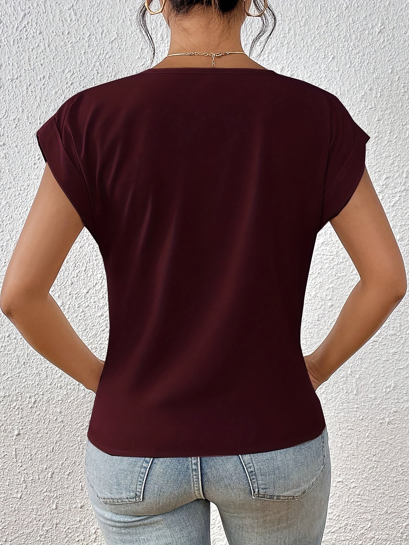 Damski T-Shirt Z Dekoltem W Serek, Krótkim Rękawem I Lekkim Krojem