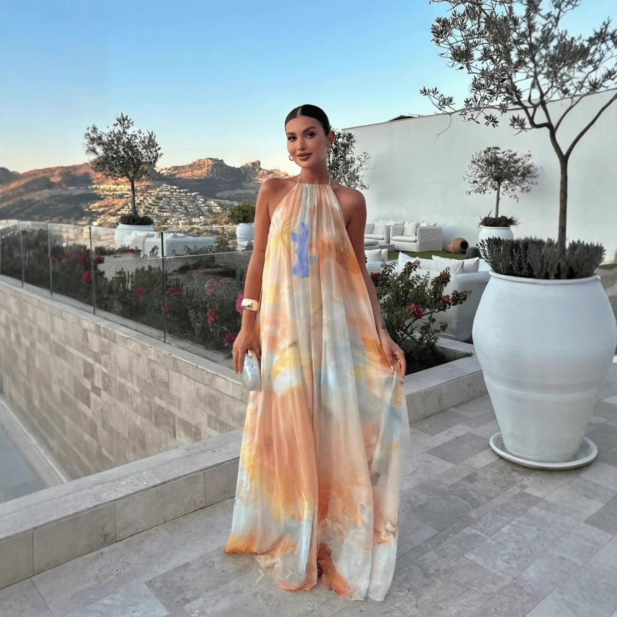 Damska Letnia Sukienka Maxi w Print – Halter, Odkryte Plecy, Luźny Fason