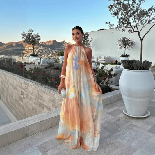 Damska Letnia Sukienka Maxi w Print – Halter, Odkryte Plecy, Luźny Fason