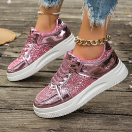 Damskie Sneakersy Sznurowane z Cekinowymi Detalami i Grubą Płaską Podeszwą
