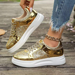 Damskie Sneakersy Sznurowane z Cekinowymi Detalami i Grubą Płaską Podeszwą