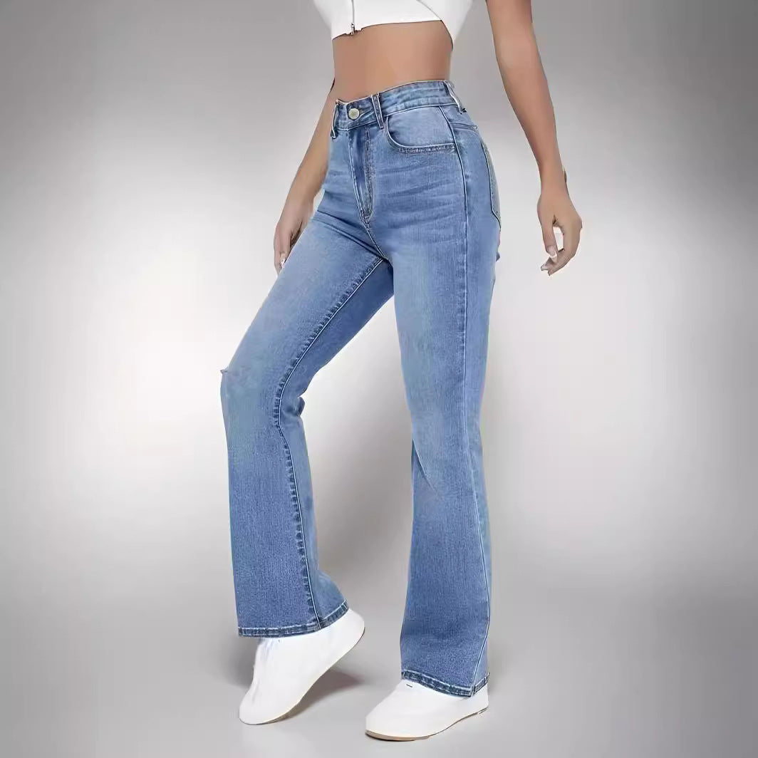 Damskie Wysokostanowe Proste Slim Fit Jeansy Elastyczne Z Mieszanki Dżinsu