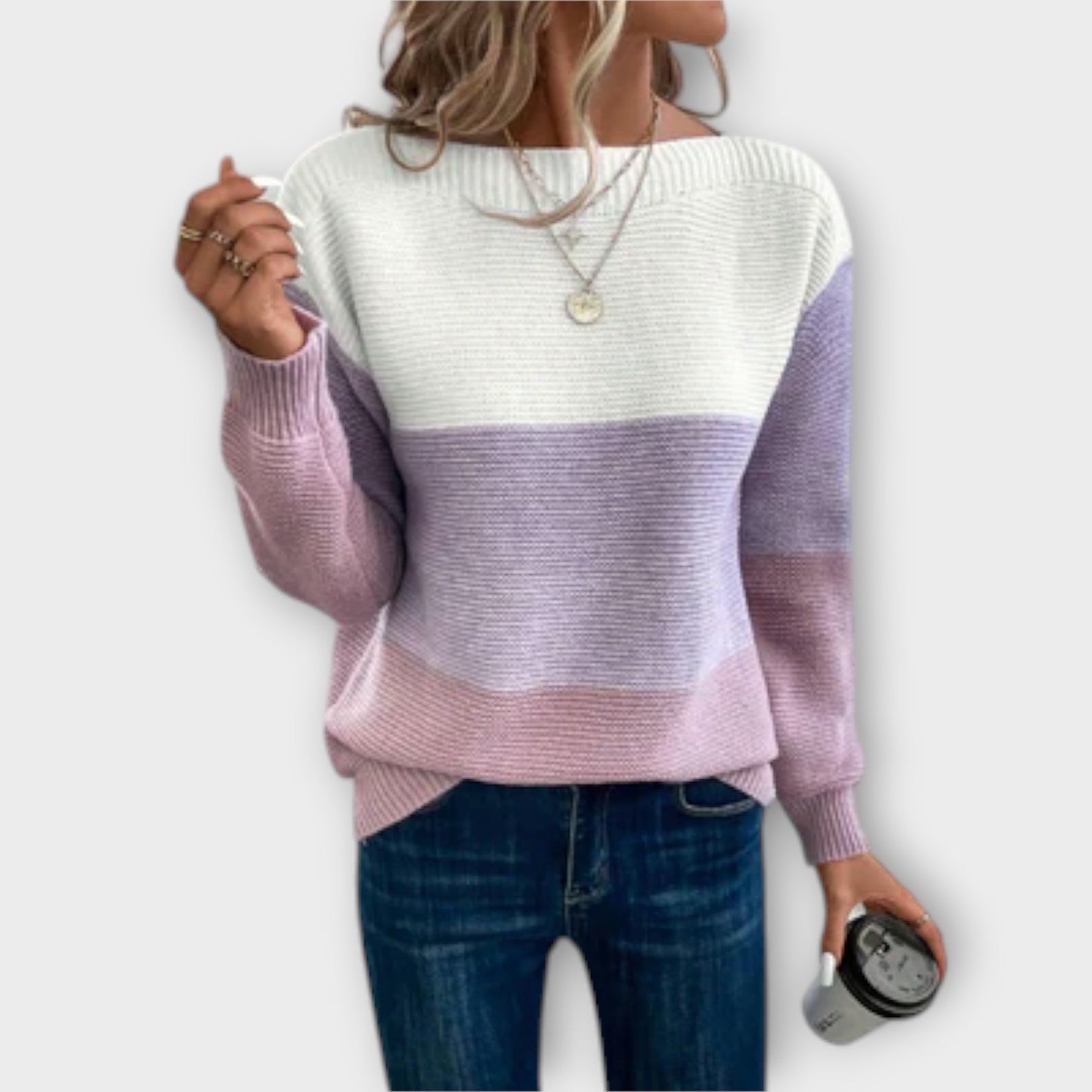 Damski Sweter Jesienny Patchwork Trójkolorowy Luźny Krój