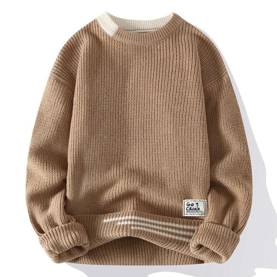 Męski Sweter Dzianinowy z Prążkowaną Fakturą i Okrągłym Dekoltem