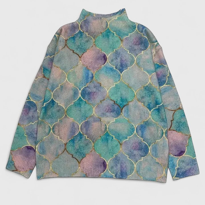 Sweter Damski Dzianinowy W Pastelowym Wzorze Z Wysokim Kołnierzem