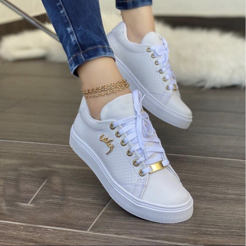 Damskie Płaskie Sneakersy Sznurowane z Oddychającą Cholewką, Okrągłym Noskiem i Podeszwą PU