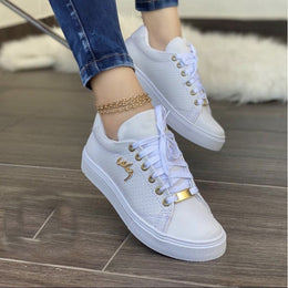 Damskie Płaskie Sneakersy Sznurowane z Oddychającą Cholewką, Okrągłym Noskiem i Podeszwą PU