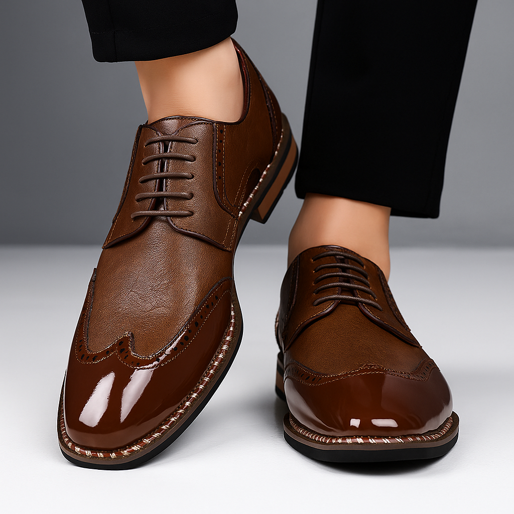 Męskie Buty Brogue z Ozdobnym Perforowaniem i Zakończeniem Wingtip
