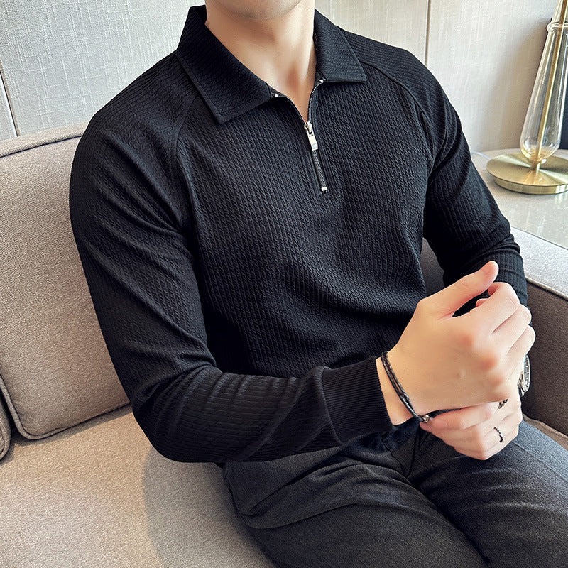Męska Koszulka Polo z Półzamkiem – Struktura Seersucker, Regular Fit