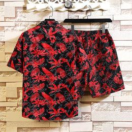Męski Dwuczęściowy Zestaw Letni: Koszula Z Krótkim Rękawem W Print I Szorty