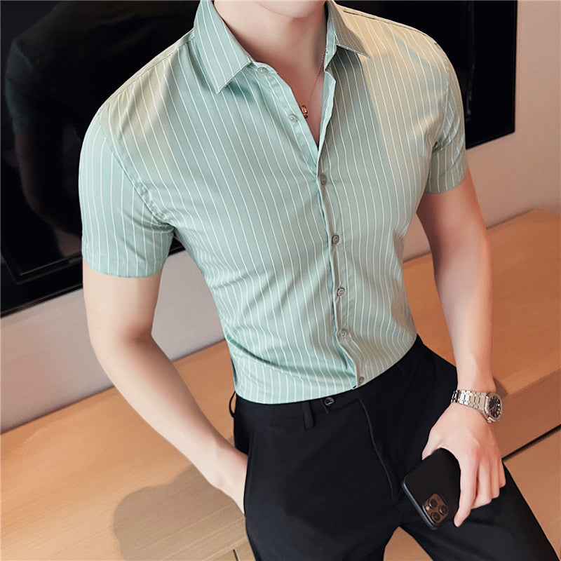 Meska Koszula W Paski Z Krotkim Rekawem I Guzikami, Lekka, Dopasowana