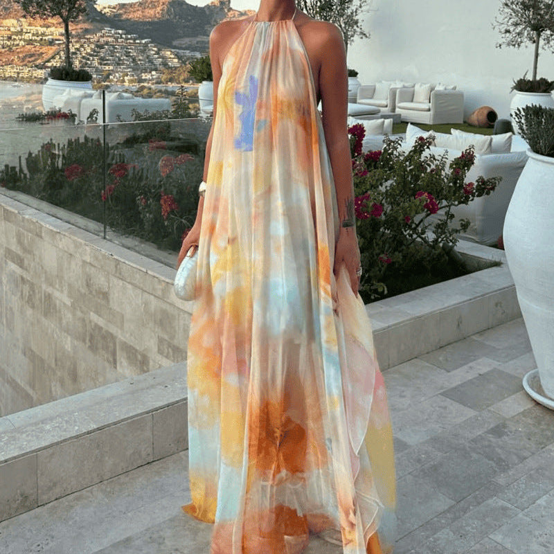 Damska Letnia Sukienka Maxi w Print – Halter, Odkryte Plecy, Luźny Fason