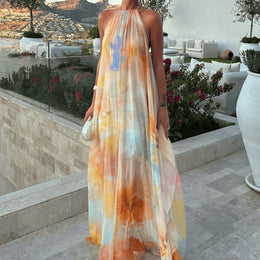 Damska Letnia Sukienka Maxi w Print – Halter, Odkryte Plecy, Luźny Fason