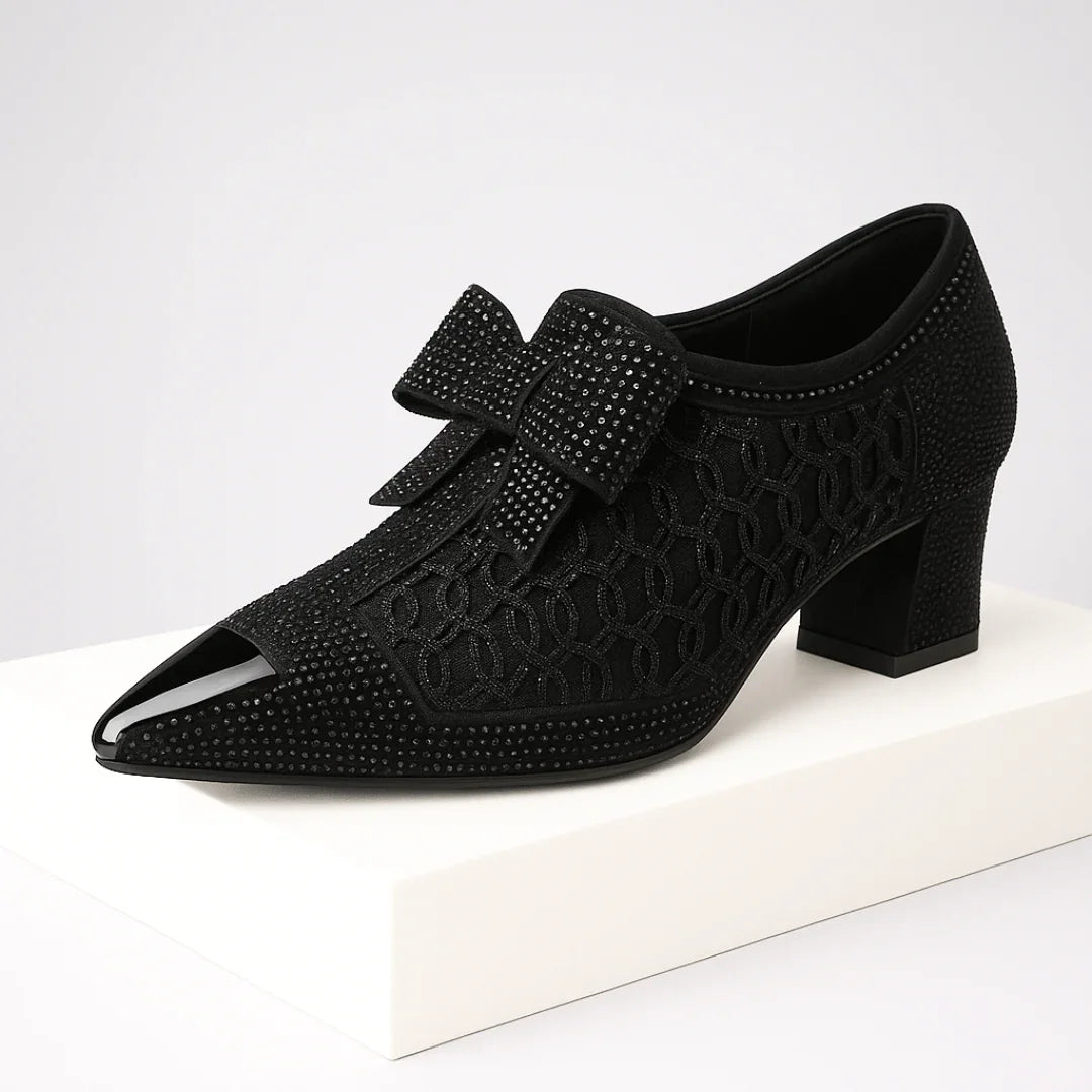 Damskie Szpilki Z Kokardką I Kryształkami, Szpiczasty Nosek, Obcas Klockowy, 6 Cm